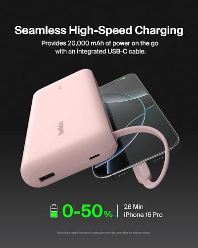 Belkin Portable Charger, Power Bank with Integrated Cable 20000 mAh 30W - Fast Charging USB C Power Delivery - iPhone 17, Air, Pro, Pro Max, iPad, AirPods, Apple Watch, Galaxy S25, & More - Pink thumbnail 5