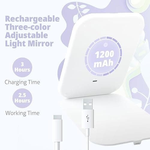 TREASO Travel Makeup Mirror, Portable Rechargeable Mirror with Lights | USB-Rechargeable, 3 Color LED Lighting, Adjustable Brightness, 7.9x5.4 inch, 1200mAh Battery, Gift for Women and Girls, White thumbnail 6