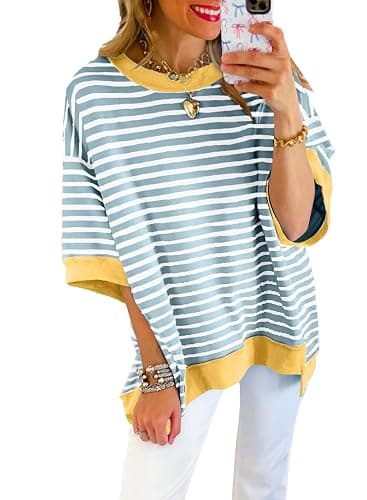 SHEWIN Womens Tops Casual Short Sleeve Sweatshirt Crewneck Striped Shirt Pullover T Shirts Loose Blouses - Image 1