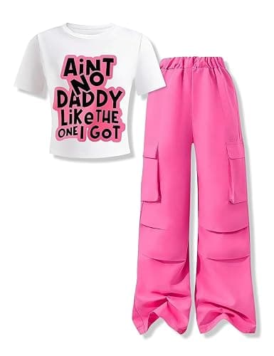 GOLLUNER Girls 2 Piece Outfits Short Sleeve Letter Print Top＋Wide Leg Pants with Pockets Summer Clothing Set Sizes 8-15 Years - Image 1