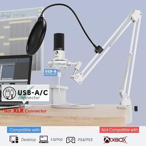 FIFINE USB Recording Microphone Kit, Studio Condenser Microphone for Vocals Music Creation, Voice-Over, Singing with Metal Boom Arm, 16mm Diaphragm, Podcast Mic Set-T669 White thumbnail 8