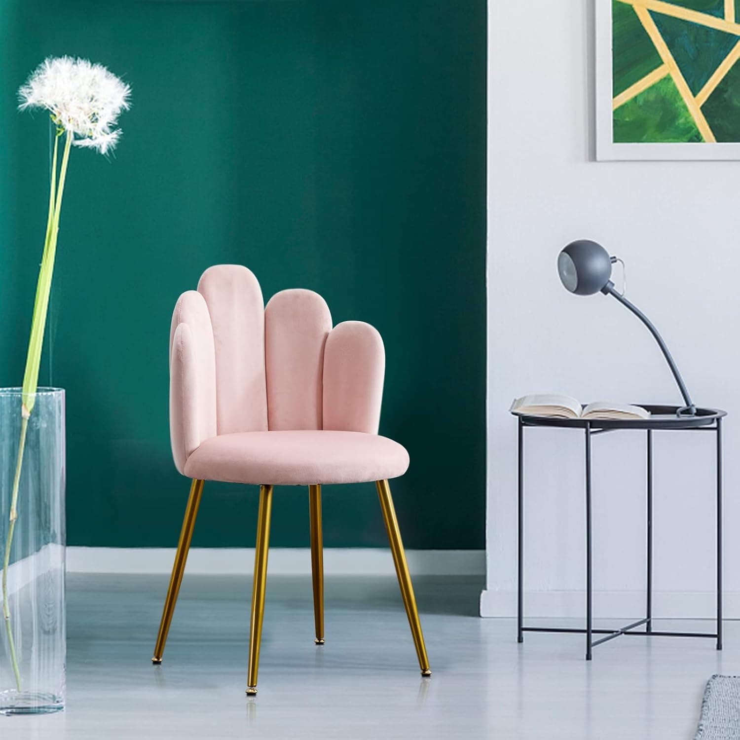 Okeysen Vanity Chair for Bedroom, Makeup Chair No Wheels - Midcentury Modern Velvet Chair with Back Support, Gold Legs with Anti-Slip Feet for Living Room (Pink) thumbnail 8