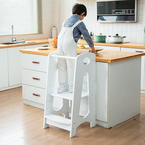 KATARUS Kitchen Step Stool for Kids and Toddlers with Safety Rail Children Standing Tower for Kitchen Counter, 3 Heights Adjustable Solid Wood Step Up Learning Stool Mother's Helper, Solid Wood, White - Image 1