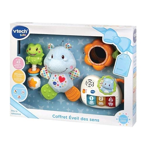 VTech - Coffret Naissance Éveil des Sens Bleu, Premiers Jouets Bébé, Doudou Hippo en Peluche, Piano Lumineux et Interactif, Hochets Grenouille et Miroir, Cadeau Nouveau-Né - Contenu en Français thumbnail 6