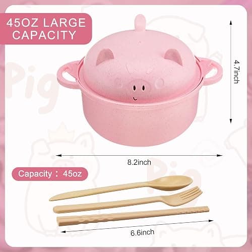 Romooa 2 Sets Large 45oz Ramen Noodle Bowl Microwavable Cute Pig Ramen Cooker Wheat Straw Microwave Bowl with Strainer Lid Handle Spoon Chopsticks Fork Gift for Home Dorm College Office (Pink,Black) thumbnail 3