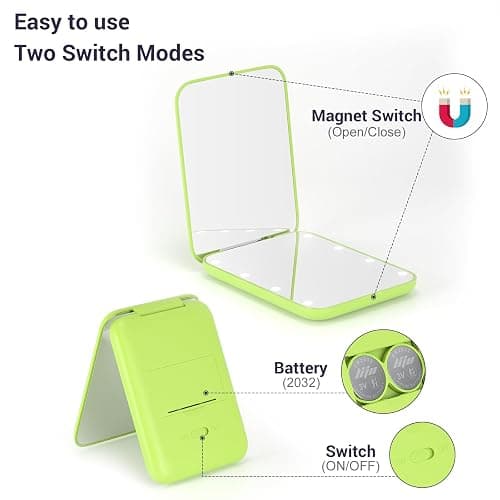 Kintion Pocket Mirror, 1X/3X Magnification LED Compact Travel Makeup Mirror with Light for Purse, 2-Sided, Portable, Folding, Handheld, Small Lighted Mirror for Gift, Light Green thumbnail 5