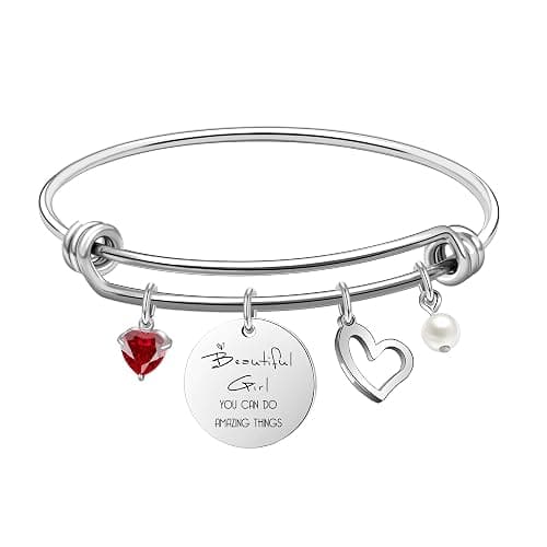 Personalized Birthstone Pendant Bangle Bracelet for Her, Birthday Present, Friendship Gift for Bestie, Encouragment Gift for Her - Image 1