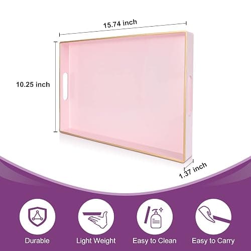 Gifturbo Pink Serving Trays,Decorative Serving Tray with Handles, Coffee Table Rectangular Trays Plastic Tray for Ottoman Bathroom,Living Room, 15.7” x 10.2” x1.37” thumbnail 3