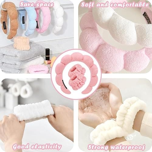 Spa Headbands for Washing Face Wristband Set Sponge Makeup Skincare Headband Wrist Towels Bubble Soft Terry Towel Cloth Hairband for Women Puffy Headwear Non Slip Thick Thin Hair Headwear (Peach pink) thumbnail 5