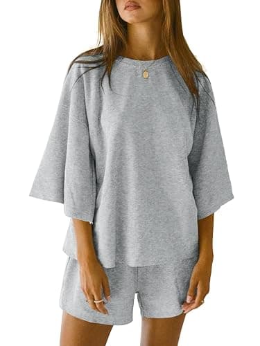 Tankaneo Womens Pajama Sets 3/4 Sleeve Oversized Tops and Elastic Waist Shorts Lounge Sets Loungewear - Image 1