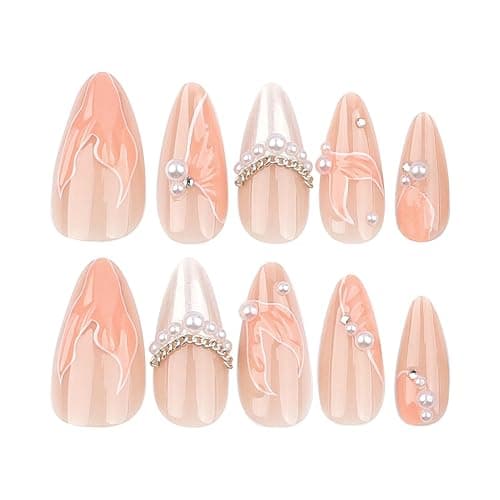 24Pcs Almond Press on Nails Medium Length 3D Fake Nails with Cute Mermaid Pearl Designs Charms Handmade Nail French Tip False Nails Press ons Summer Theme Stick on Nails for Women Manicure Decor thumbnail 5