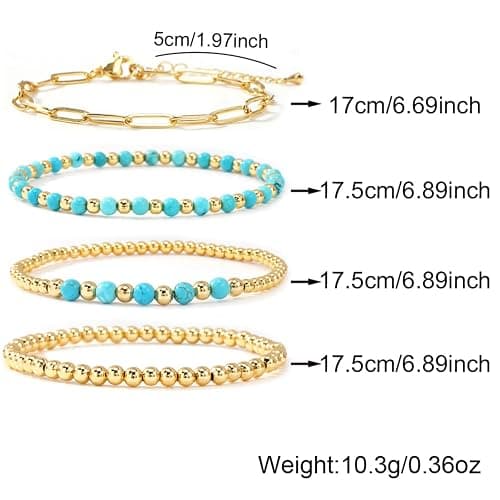EQUBIO Gold Bracelets for Women Non Tarnish Waterproof | Dainty stackable beaded designs with mixed bead sizes and decorative accents for everyday layering, casual wear and gifting thumbnail 5