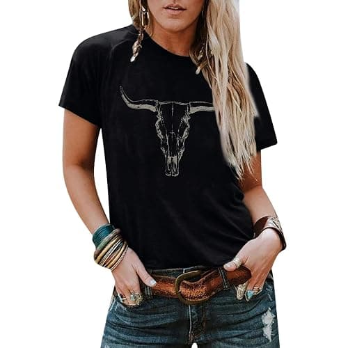 Boho Cow Skull Shirt Women Cowgirl t Shirt Vintage Western Rodeo Graphic Tee Short Sleeve Bull Skull Casual Top - Small - Black - Image 1