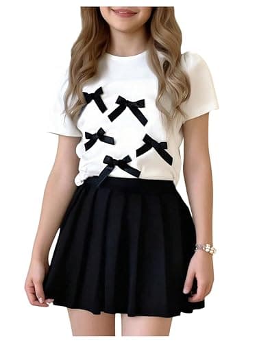 RoseSeek Girl's 2 Piece Preppy Summer Outfits 3D Bowknot T Shirt and Mini Pleated Skirts Clothing Set - Image 1
