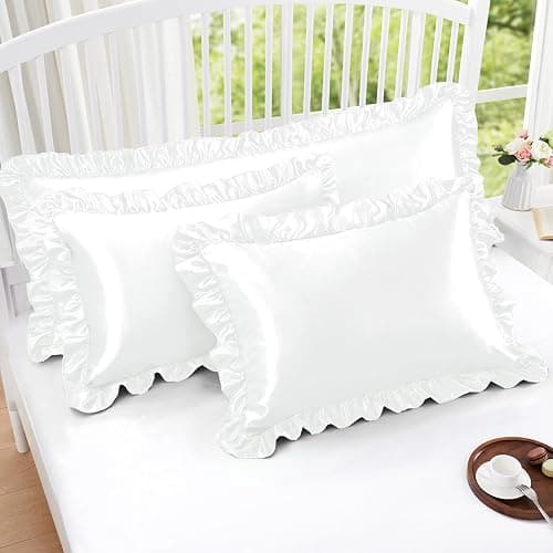 Homiest Ruffle Satin Pillowcase for Hair and Skin, Standard Size Satin Pillow Covers Silky Pillow Cases Set of 2, Satin Ruffled Pillowcase with Envelope Closure, Anti Wrinkle Pillow Shams (White) - Standard - 20 x 26 Inch - White thumbnail 2