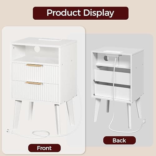 MAHANCRIS End Table, Fluted Nightstand with Charging Station and LED Lights, Modern Side Table with 2 Drawers and 1 Open Compartment, for Living Room, Bedroom, Study, Office, White ETWT63E01 thumbnail 6