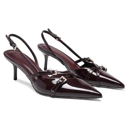 Riekhany Heeled Slingback Kitten Heels for Women Closed Pointed Toe Pumps with Buckles - Image 1