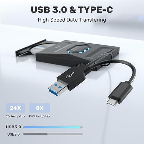 Unitek External CD DVD Drive, USB 3.0 Type-C Portable CD/DVD +/-RW Drive/DVD Player with SD Card Reader USB 3.0 USB C Hub CD ROM Burner Compatible for Laptop Desktop PC Mac Windows 11/10/8/7 Linux thumbnail 5