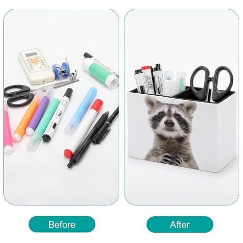 Niapessel Pencil Holder for Desk, Cute Funny Raccoon Pen Holder Storage Desktop Pen Organizer Desk Pencil Organizer Makeup Brush Holder for Office School College Leather thumbnail 4
