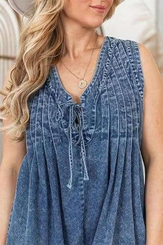utcoco Womens Summer Casual Sleeveless Denim Romper Tie Front V Neck Jean Overall Shorts Romper With Pockets thumbnail 6