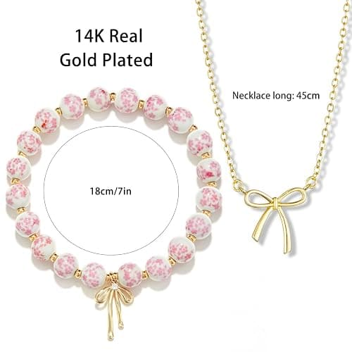 Qiuseadu Bow Bracelet Necklace Set 14K Gold Beaded Bracelet Dainty Bow Pendant Choker Jewelry Gift Set thumbnail 4
