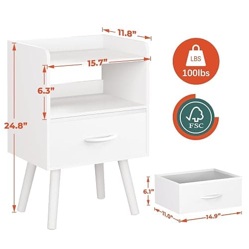 Yoobure Modern Nightstand with Drawer, Bedside Tables, Mid Century Nightstands with Open Storage Shelf, Wood Bedside Table, Small Night Stands for Bedrooms, 2-Tier Night Table thumbnail 3