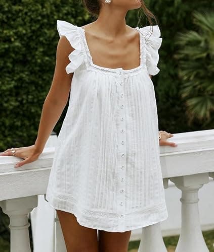 Women Lace Trim Mini Cami Dress Spaghetti Strap Square Neck Short Dress Boho Loose Flowy Backless Babydoll Dresses thumbnail 5