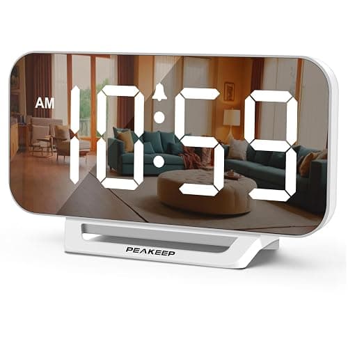 Peakeep Slim Digital Mirror Aesthetic Alarm Clock for Bedrooms Desk Decor, Plug in Electric Big LED Modern Small Clock for Office Living Room, Battery Backup, 6 Dimmers (White) - Image 1