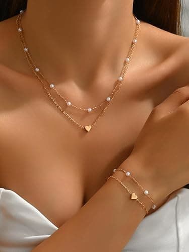 Gold Heart Pearl Layered Necklace and Bracelet Set for Women, Dainty Double Layer Chain Jewelry, Elegant Pearl Beaded Choker and Bracelet Set, Fashion Layered Jewelry Gift for Her - Image 1