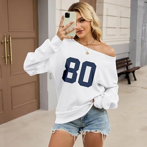 Weripoah Graphic Sweatshirts for Teen Girl Oversized Off The Shoulder Sweatshirt Y2k Jersey Top Number 80 Streetwear Pullover thumbnail 4