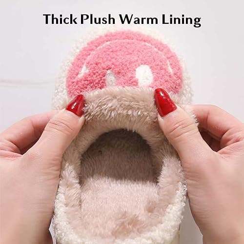 Bevaney Smile Face Slippers for Women - Soft Plush Retro Preppy Slip-on Comfortable Indoor/Outdoor Shoes - 3.5-4.5 Women/3-4 Men - Pink thumbnail 3