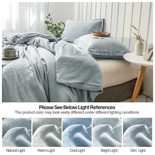 Simple&Opulence 100% Linen Duvet Cover Set 3pcs Basic Style Natural French Washed Flax Solid Color Soft Breathable Farmhouse Bedding with Button Closure - Dusty Blue, Queen - Queen - Dusty Blue thumbnail 6