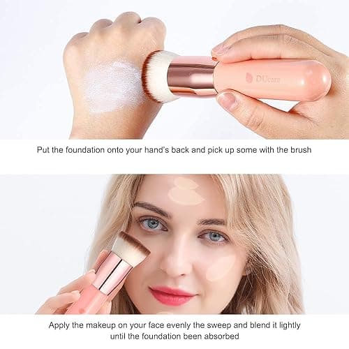 DUcare Foundation Brush for Liquid Makeup, Self Tanner Brush Flat Top Kabuki Professional Makeup Brushes Blending Mineral Powder Buffing Stippling Makeup Tools, Pink - Pink thumbnail 6