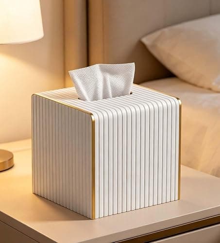 Tissue Box Cover Square with Magnetic Closure, PU Leather Tissue Box Holder with Gold-Tone Edging for Bathroom Vanity Countertop Night Stands Bedroom Office Desk, Modern Home Decor (Cream White) thumbnail 5