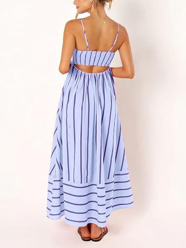 chouyatou Women's Striped Back Smocked Maxi Dress Sexy Spaghetti Strap Cut Out Flowy Swing Long Dress thumbnail 2