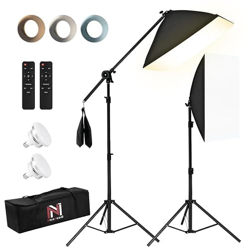 NiceVeedi 85W Photography Lighting, 2-Pack 20'' x 28'' Professional Softbox Lighting Kit with 53'' Boom Arm & 91'' Tripod Stand, Remote Control, Studio Lights for Live Streaming/Portrait/Photography - Image 1