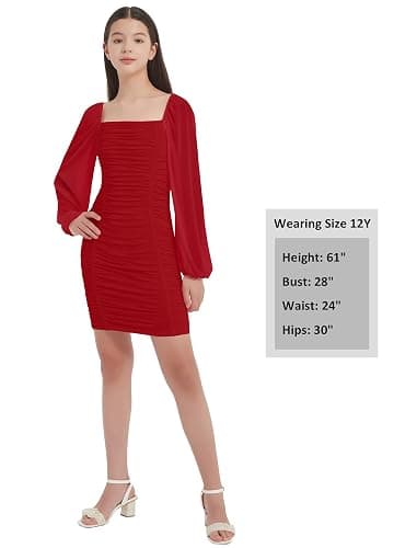 EXARUS Girls Padded Dress Tween Long Sleeve/Spaghetti Strap Bodycon Teen Formal Dance Ruched Easter Dresses Mini 8-14Y thumbnail 2