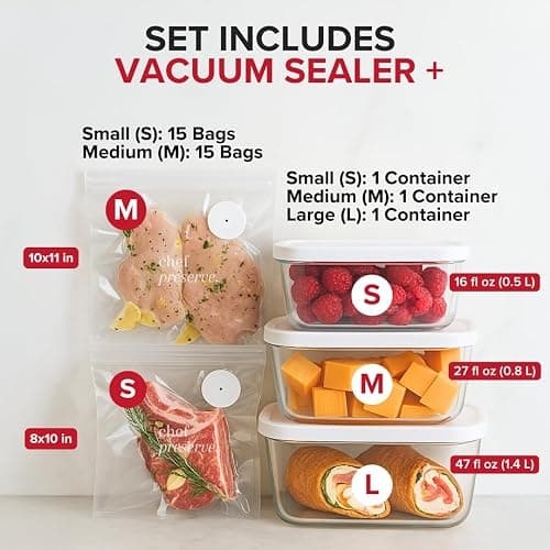Chef Preserve Compact Vacuum Sealer for Food (Vacuum Sealer Machine + 3 Glass Vacuum Containers + 30 Reusable Vacuum Bags) Powerful Handheld Vacuum Seal Machine, Seal Meal Saver, Portable Food Sealer thumbnail 2