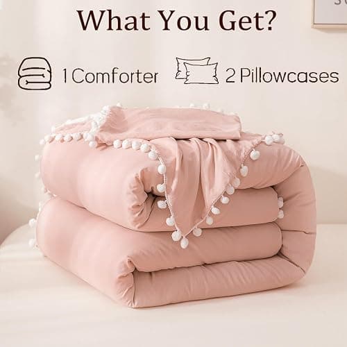 Bedbay Pink Comforter Set Twin Size Dorm Bedding Cute Pom Pom Fringe Boho Comforter White and Pink Reversible Bedding Sets for Girls Boys Soft Washed Microfiber 2 Pcs thumbnail 6