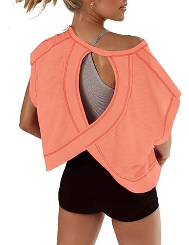Fhniepan Open Back Tops for Women Oversized Short Sleeve Workout T Shirts Backless Y2k Athletic Crop Running Tees - Image 1