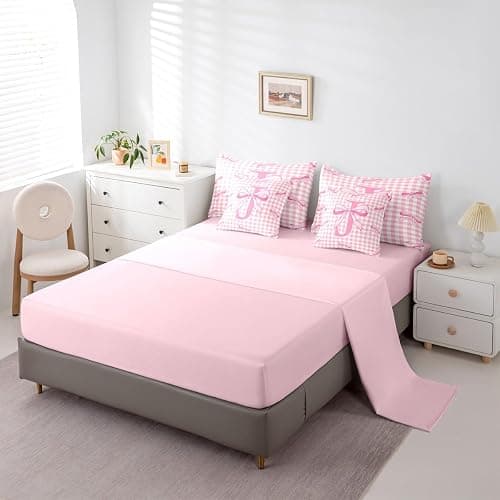 Feelyou Pink Bow Comforter Set with Sheets 7 Piece Full Size Cute Checkered Bowknot Bedding Set for Kids Boys Girls Personalized Initial J Bed in a Bag Room Decor Soft Lightweight Microfiber thumbnail 4