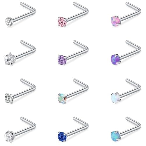 Mayhoop 20G Nose Rings Studs 316L Surgical Stainless Steel L Shape Bone Diamond Heart Corkscrew Nose Ring Nostril Piercing Jewelry For Women Men - Image 1