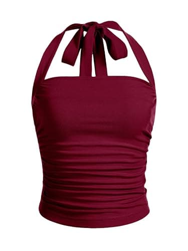 SOLY HUX Women's Ruched Halter Y2K Crop Tops Tie Back Sleeveless Slim Fit Cami Tops - X-Small - Solid Burgundy - Image 1