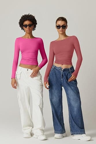 QINSEN Womens Crewneck Long Sleeve Shirt Double Lined Basic Tees Side Ruched Going Out Crop Tops thumbnail 7