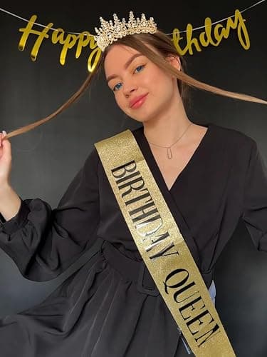 TOBATOBA Birthday Queen Sash and Crown for Women - Gold Rhinestone Tiara and Sash Set for Birthday Decorations Outfits for Women thumbnail 4