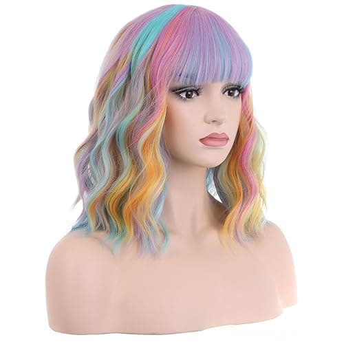 PATTNIUM 14 Inches Rainbow Wig Short Wavy Wig Pastel Rainbow Wig with Bangs Multi Color Wig for Women Girls Heat Resistant Synthetic Cosplay Costume Wig (Rainbow) - Multi-color - Image 1