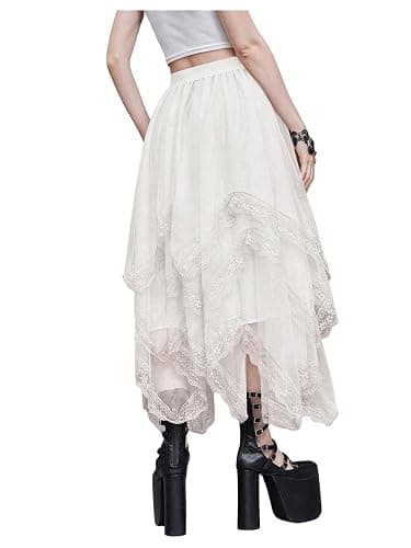 SHENHE Women's Lace Trim Layered Mesh Tulle Skirt High Waist Asymmetrical Long Goth Skirt thumbnail 2
