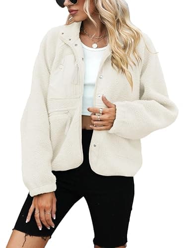 Yanekop Womens Fleece Jacket Fuzzy Long Sleeve Short Winter Coats Button Down Sherpa Jacket Outerwear with Pockets thumbnail 2