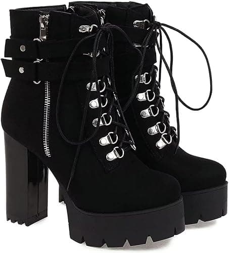Agodor Women's Goth Platform Combat Booties Lace up Round Toe Chunky High Heel Gothic Ankle Boots thumbnail 2