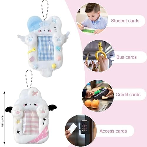 2 Pieces Kitten & Rabbit Plush Badge Holders with Wings | Photocard Display Case | Protective Sleeves for Bus, ID, and Student Cards | Cartoon Animal Design with Clear Window thumbnail 5